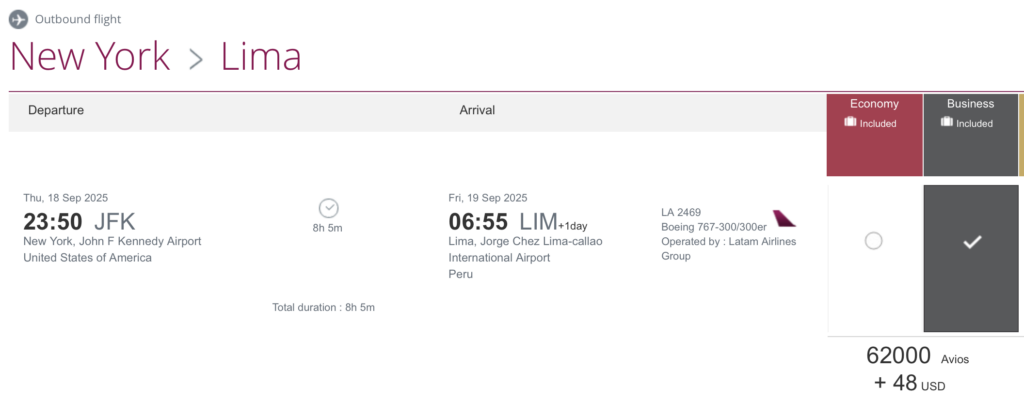 New York- Lima business (book via Qatar)